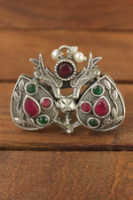 Load image into Gallery viewer, Oxidised Silver Finish Red &amp; Green Glass Stones Embedded Tear Drop Statement Cocktail Ring
