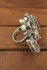 Load image into Gallery viewer, Oxidised Silver Finish Red &amp; Green Glass Stones Embedded Tear Drop Statement Cocktail Ring

