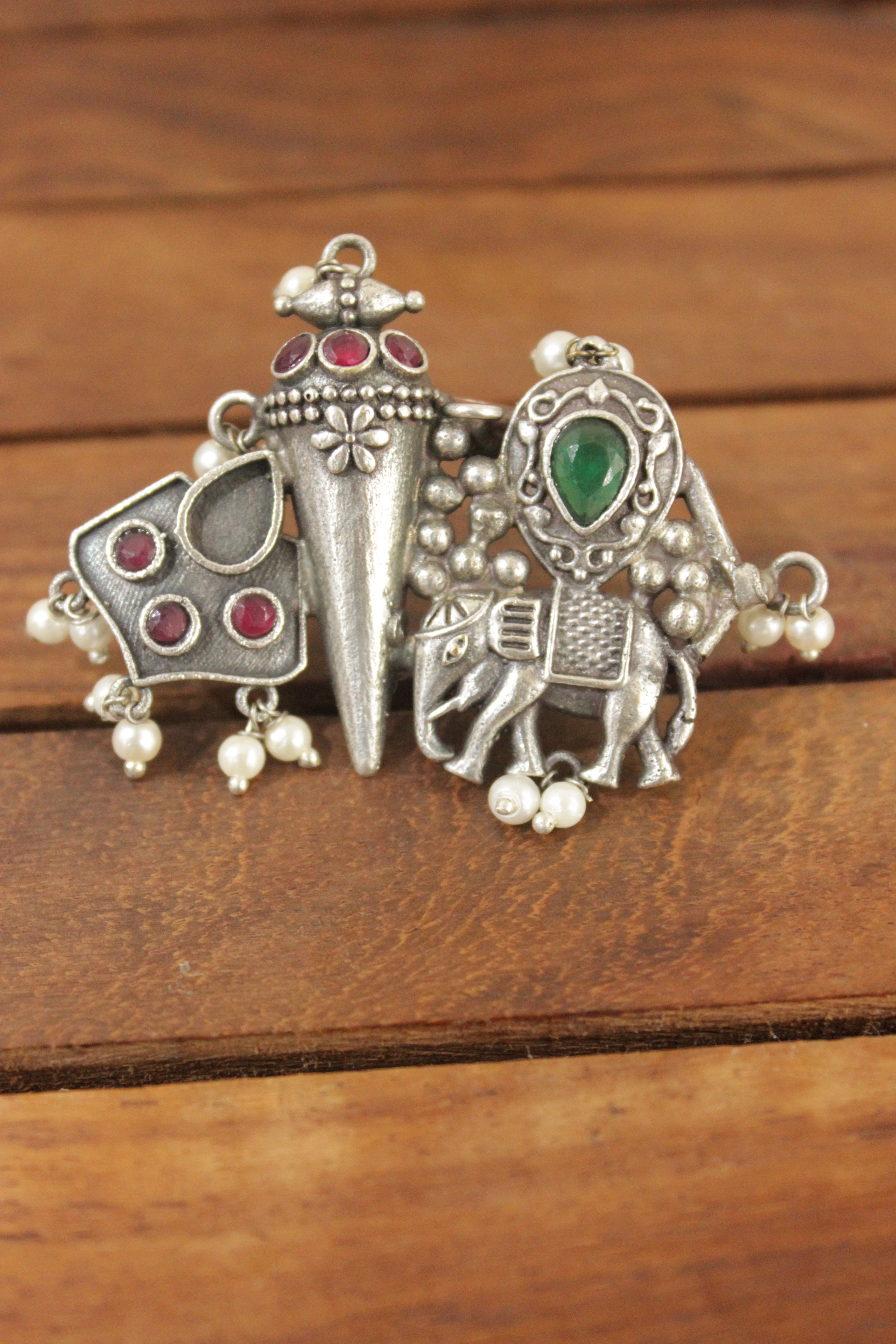 Oxidised Silver Finish Red & Green Glass Stones Embedded Elephant Motif Statement Cocktail Ring