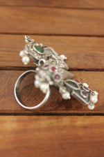 Load image into Gallery viewer, Oxidised Silver Finish Red &amp; Green Glass Stones Embedded Elephant Motif Statement Cocktail Ring
