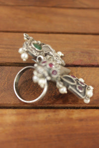 Oxidised Silver Finish Red & Green Glass Stones Embedded Elephant Motif Statement Cocktail Ring