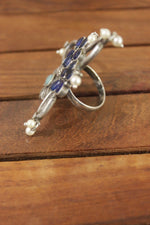 Load image into Gallery viewer, Oxidised Silver Finish Purple Glass Stones Embedded Flower Motifs Statement Cocktail Ring
