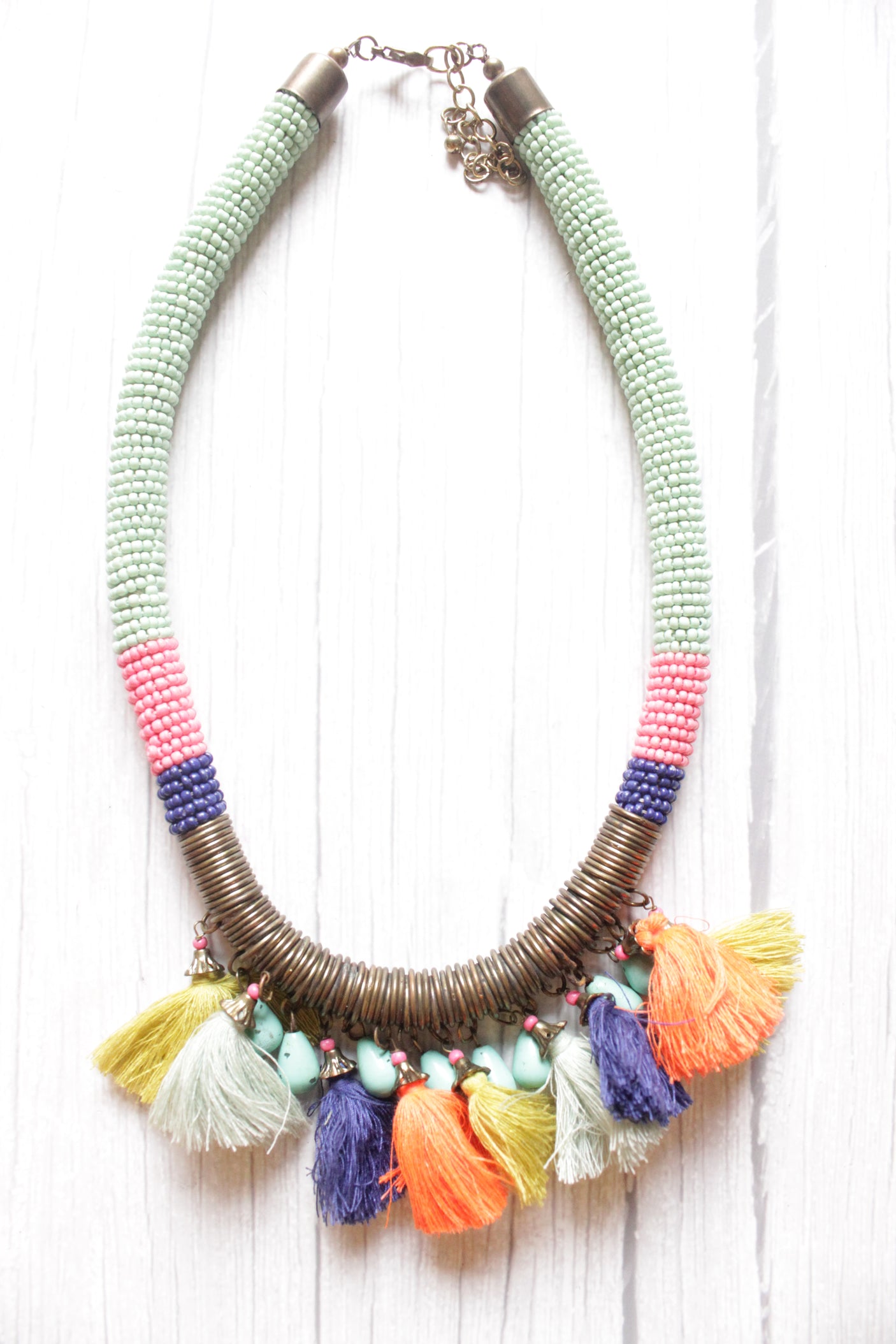Beads and Pom Pom Embellished Handmade Vibrant Necklace