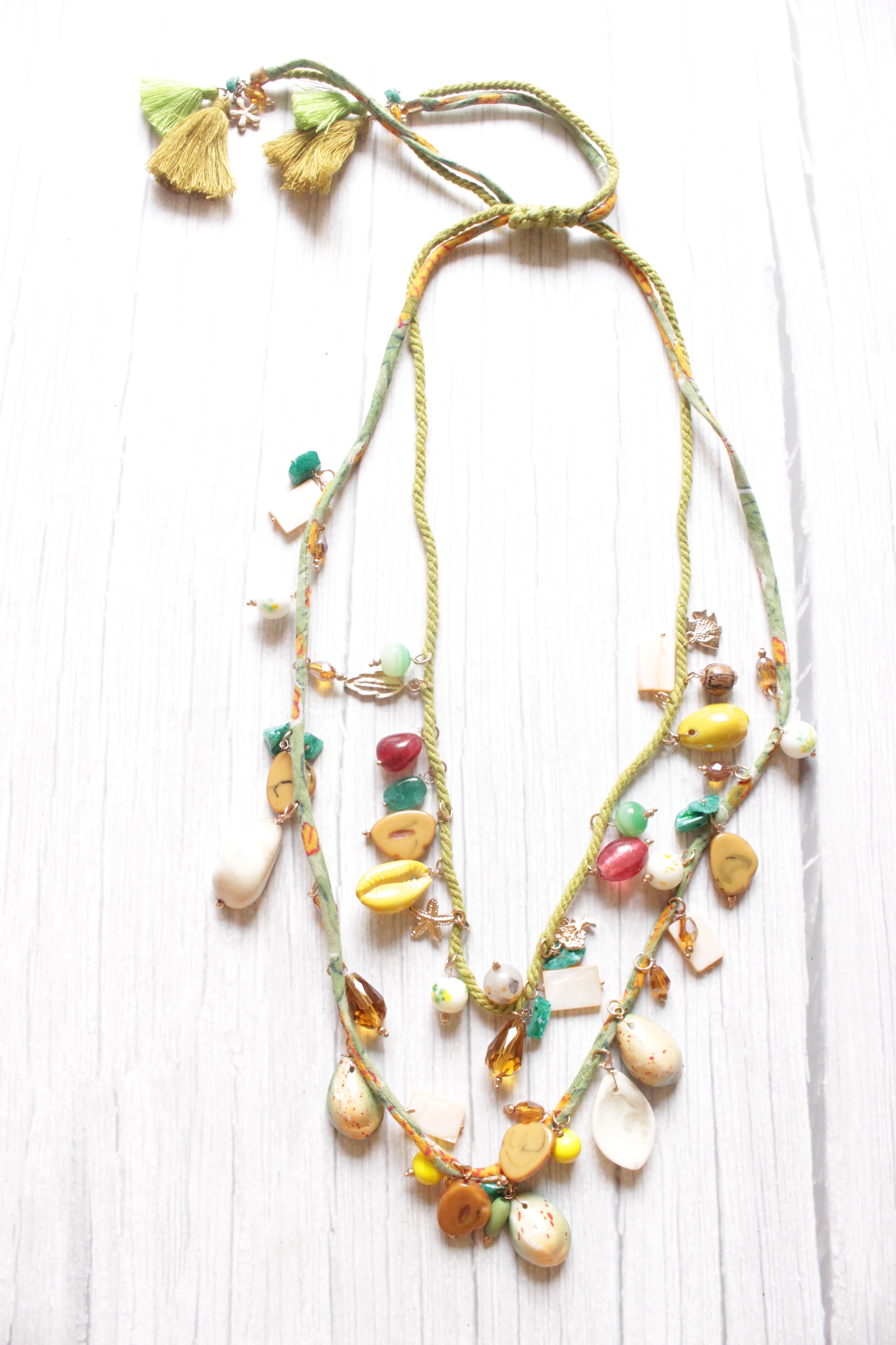 Colorful Shell Charms Rope and Fabric 2 Layer Necklace