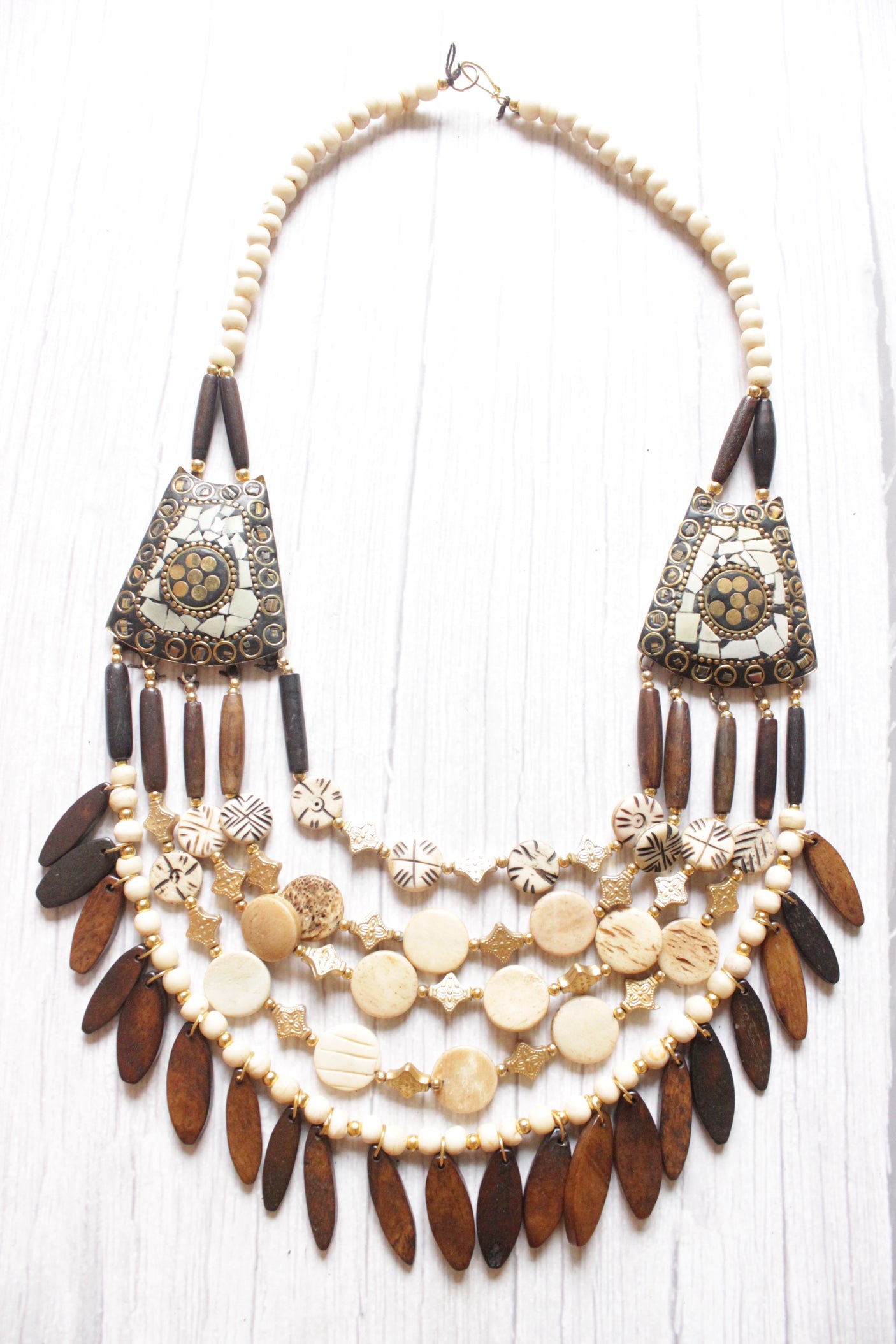 Ivory & Brown Bone Beads Handcrafted Statement African Tribal Necklace