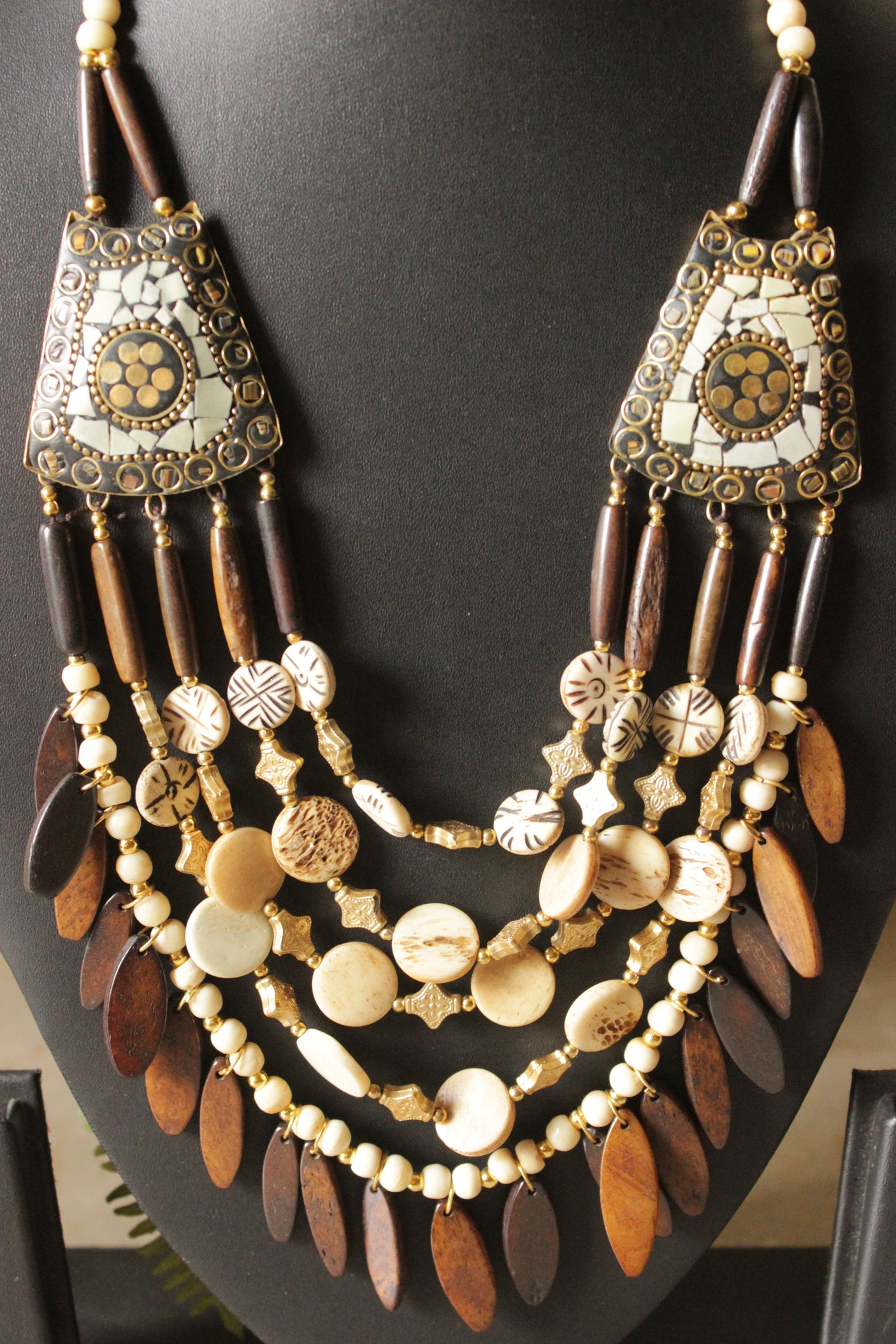 Ivory & Brown Bone Beads Handcrafted Statement African Tribal Necklace