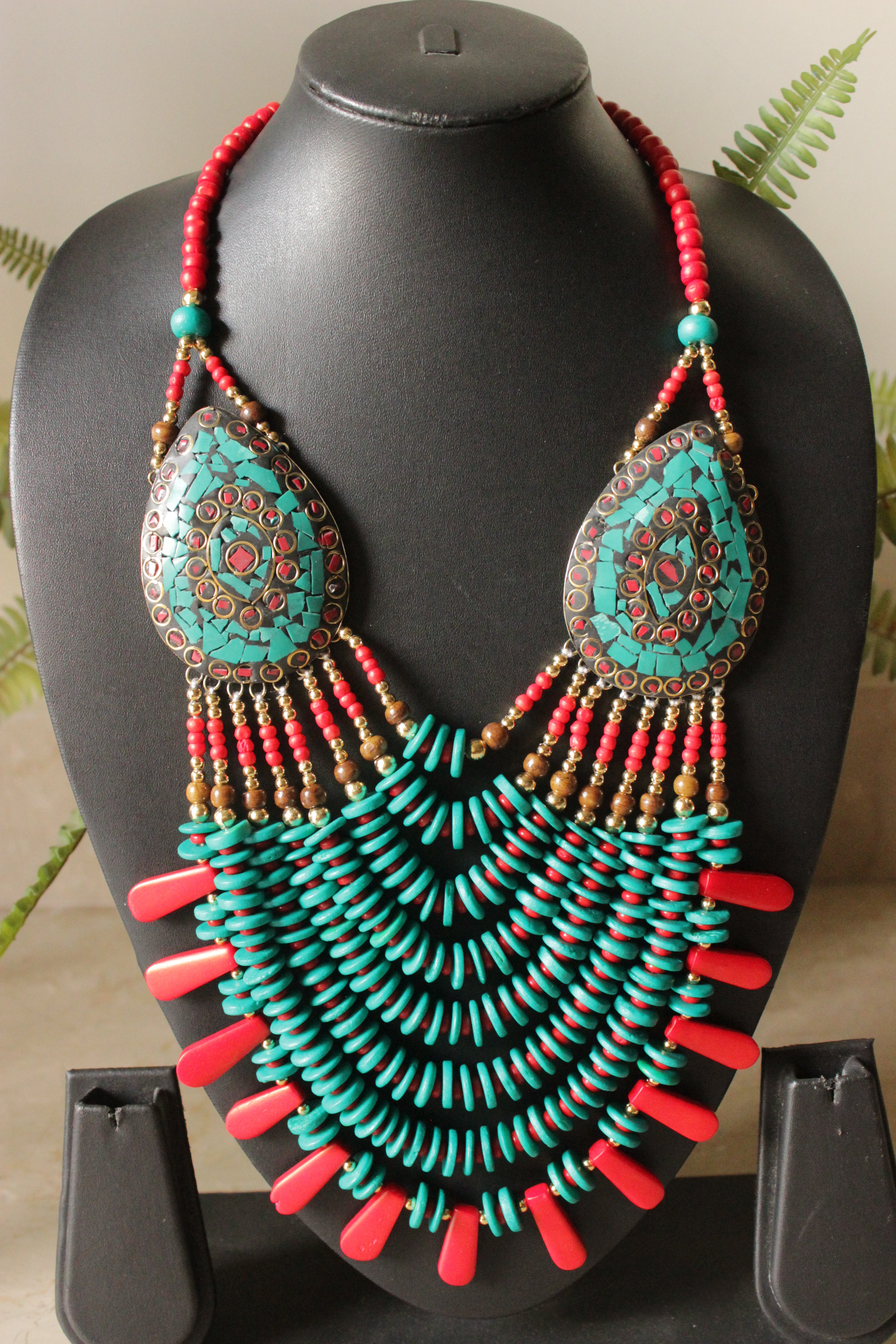 Turquoise & Red Bone Beads Handcrafted Multi-Layer African Tribal Necklace