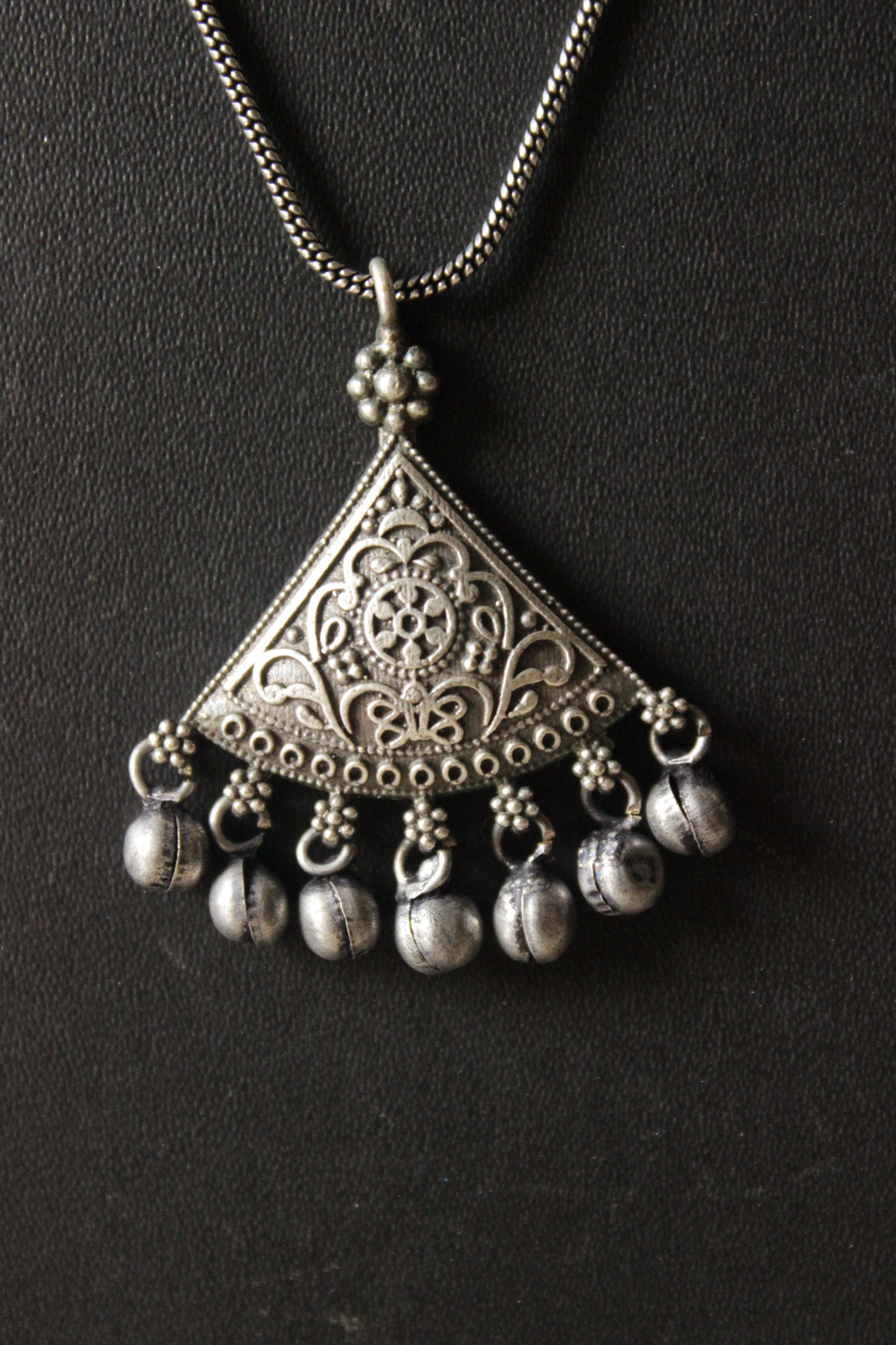 Oxidised Silver Metal Beads Embellished Triangular Chain Necklace
