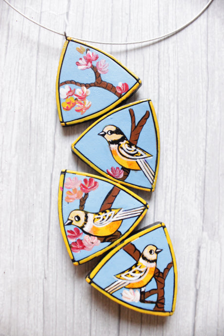 Hand Painted Bird Motifs Wire Closure Terracotta Clay Handmade Necklace Set