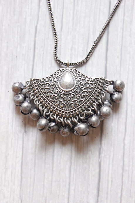 Oxidised Silver Metal Beads Embellished Chain Necklace