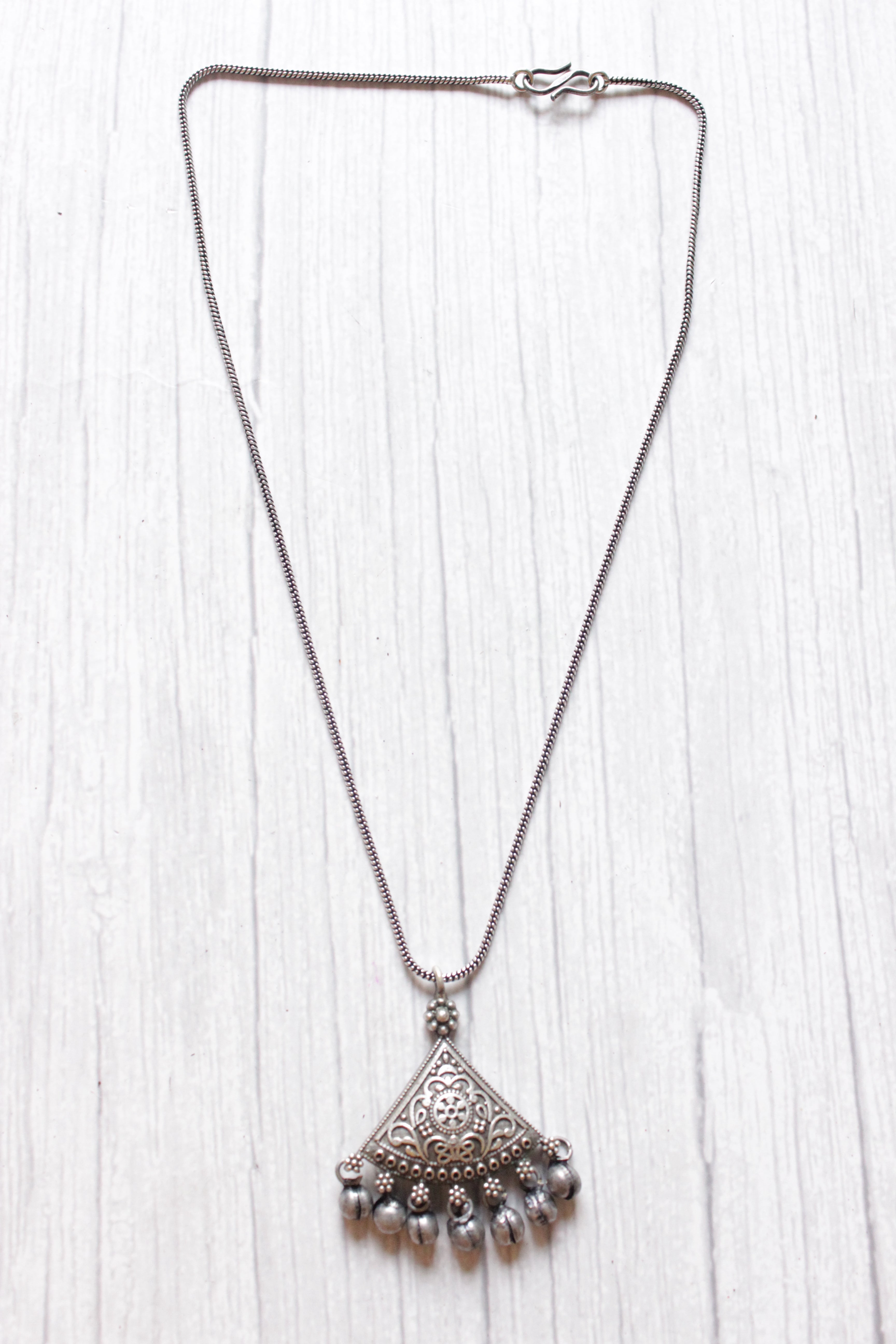 Oxidised Silver Metal Beads Embellished Triangular Chain Necklace