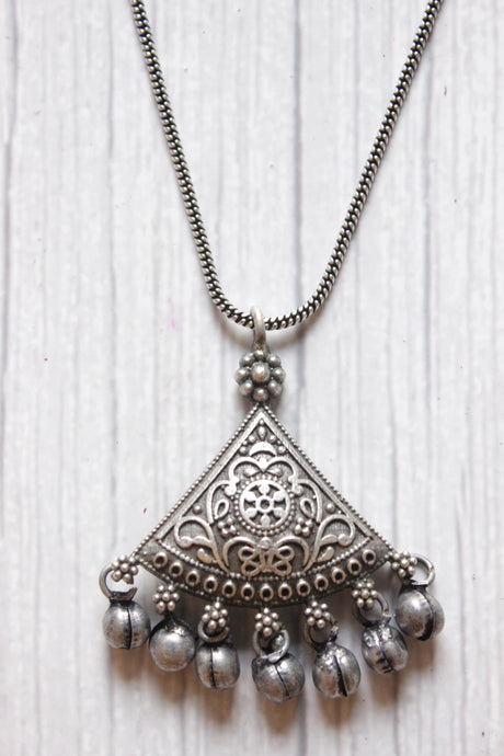 Oxidised Silver Metal Beads Embellished Triangular Chain Necklace