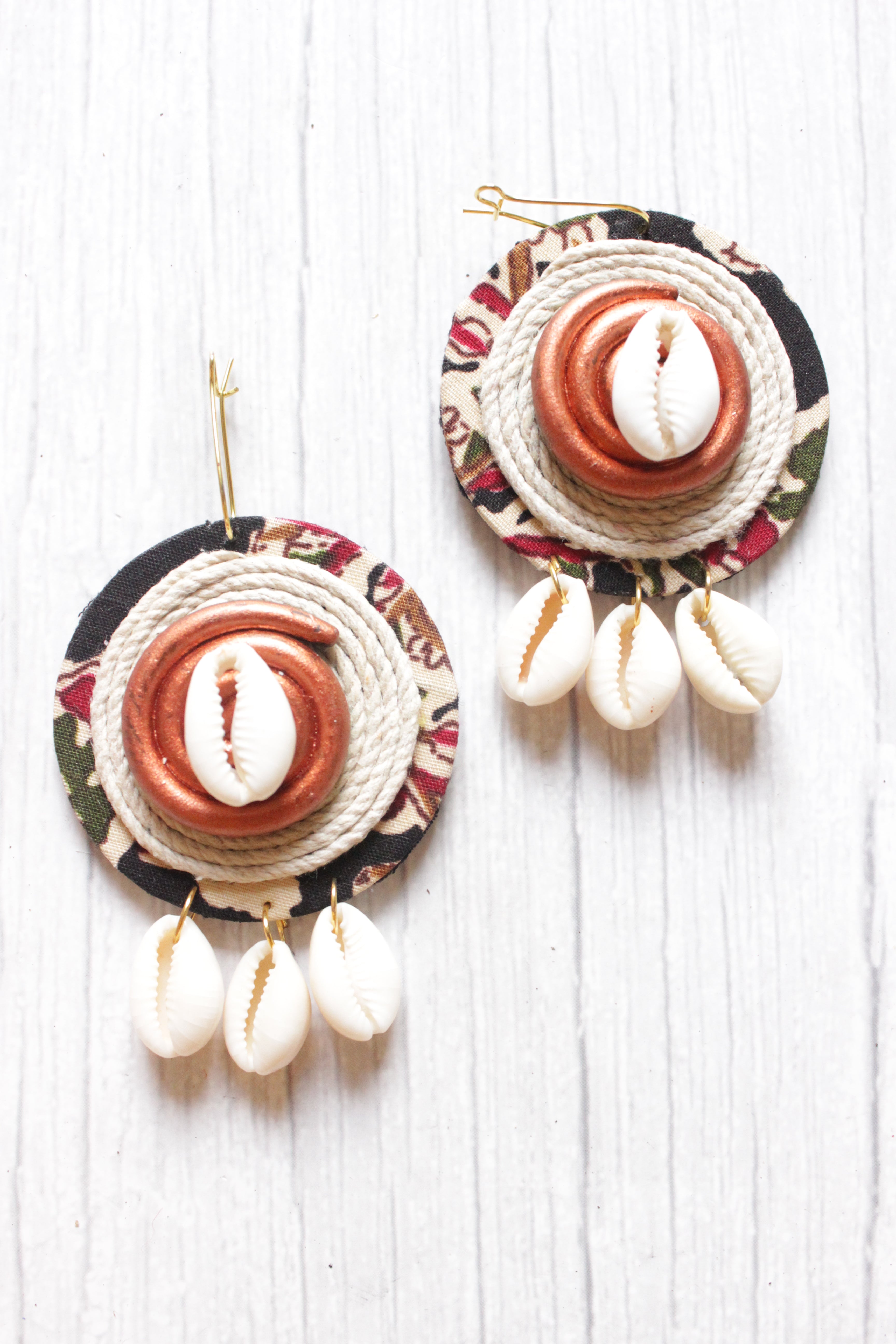 Kalamkari Fabric and Rope Handmade Shells Embellished Earrings