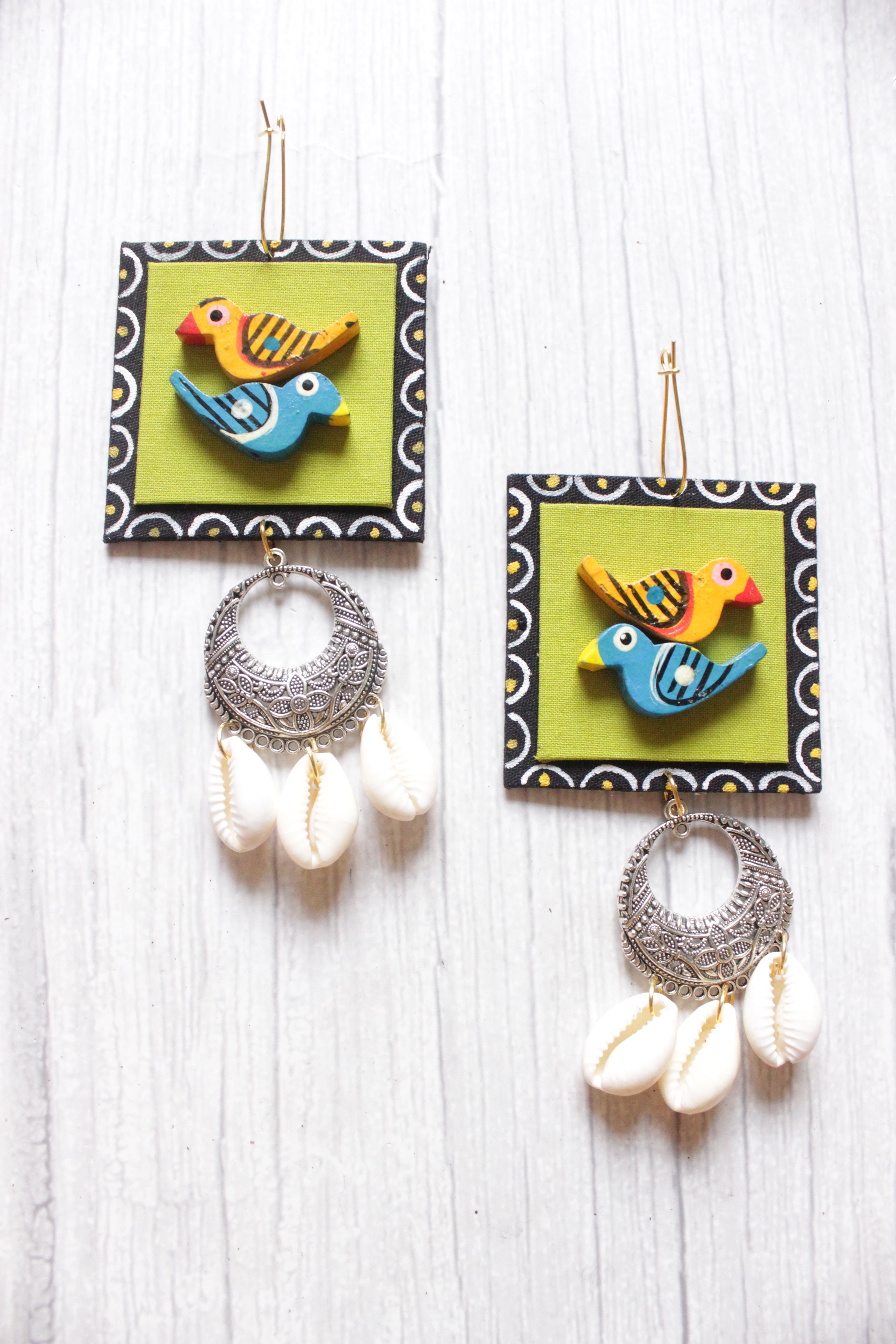 Hand Painted Fabric and Wooden Birds Shells Embellished Earrings