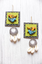 Load image into Gallery viewer, Hand Painted Fabric and Wooden Birds Shells Embellished Earrings
