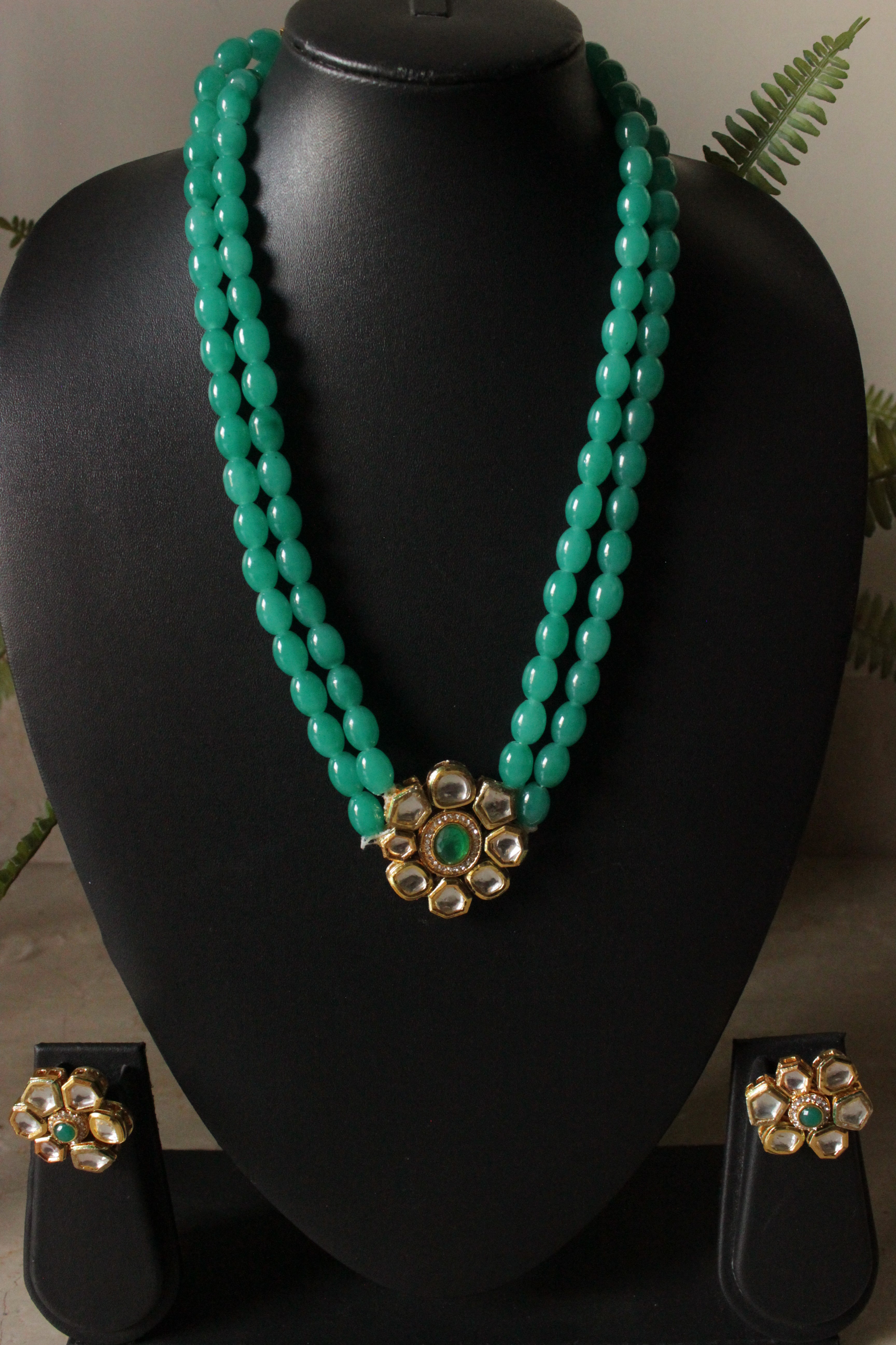 Turquoise Glass Beads and Kundan Stones 2 Layer Adjustable Length Necklace Set with Flower Stud Earrings
