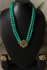 Load image into Gallery viewer, Turquoise Glass Beads and Kundan Stones 2 Layer Adjustable Length Necklace Set with Flower Stud Earrings
