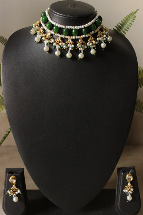 Green Glass Beads and White Beads Braided Adjustable Length Festive Choker Necklace Set