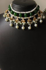 Green Glass Beads and White Beads Braided Adjustable Length Festive Choker Necklace Set