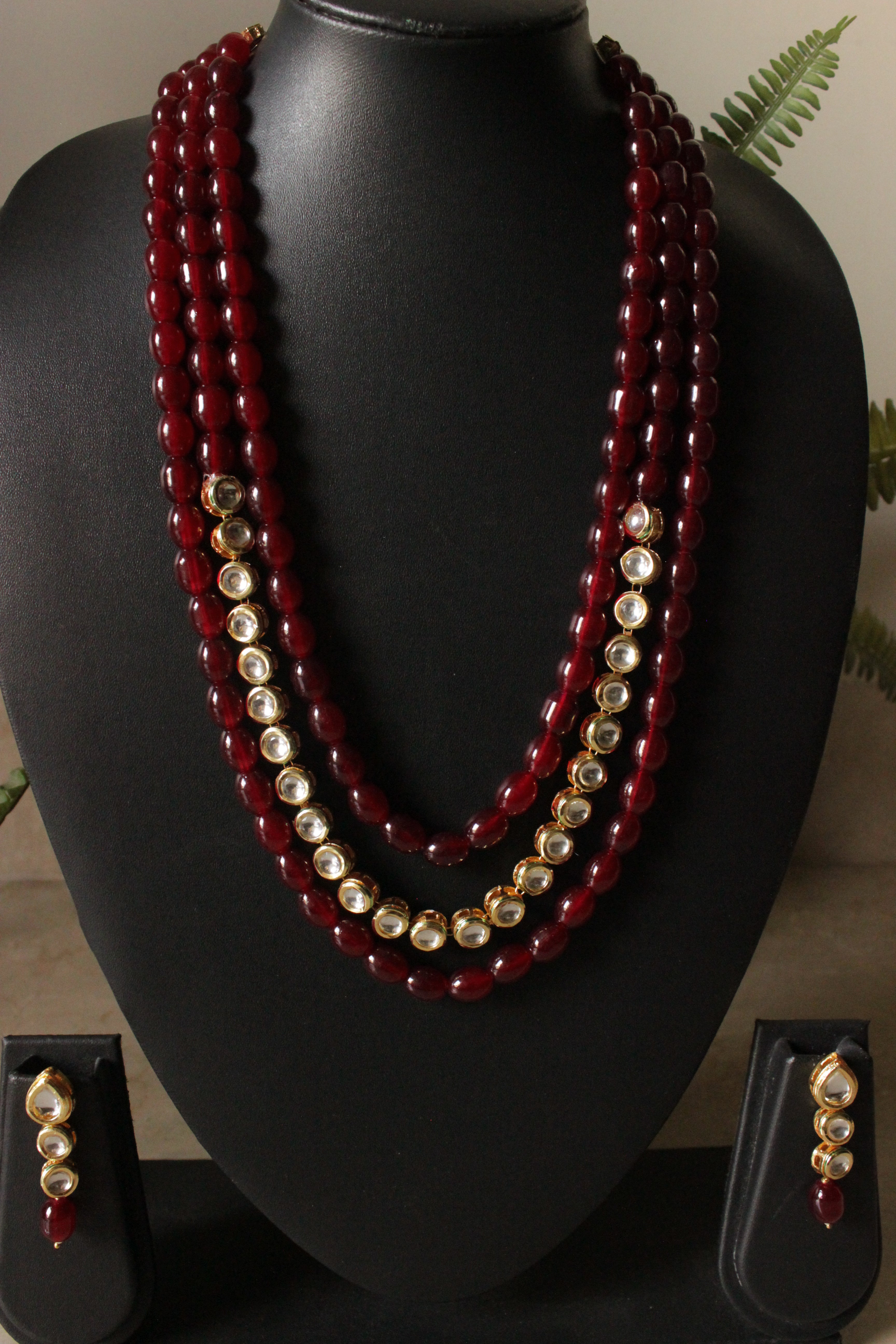 Maroon Glass Beads and Kundan Stones 3 Layer Adjustable Length Necklace Set