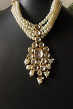 Load image into Gallery viewer, 3 Layer Pearl Beads and Kundan Stones Adjustable Length Choker Necklace Set
