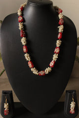 Meenakari Work Red Glass Beads and White Beads Adjustable Length Necklace Set