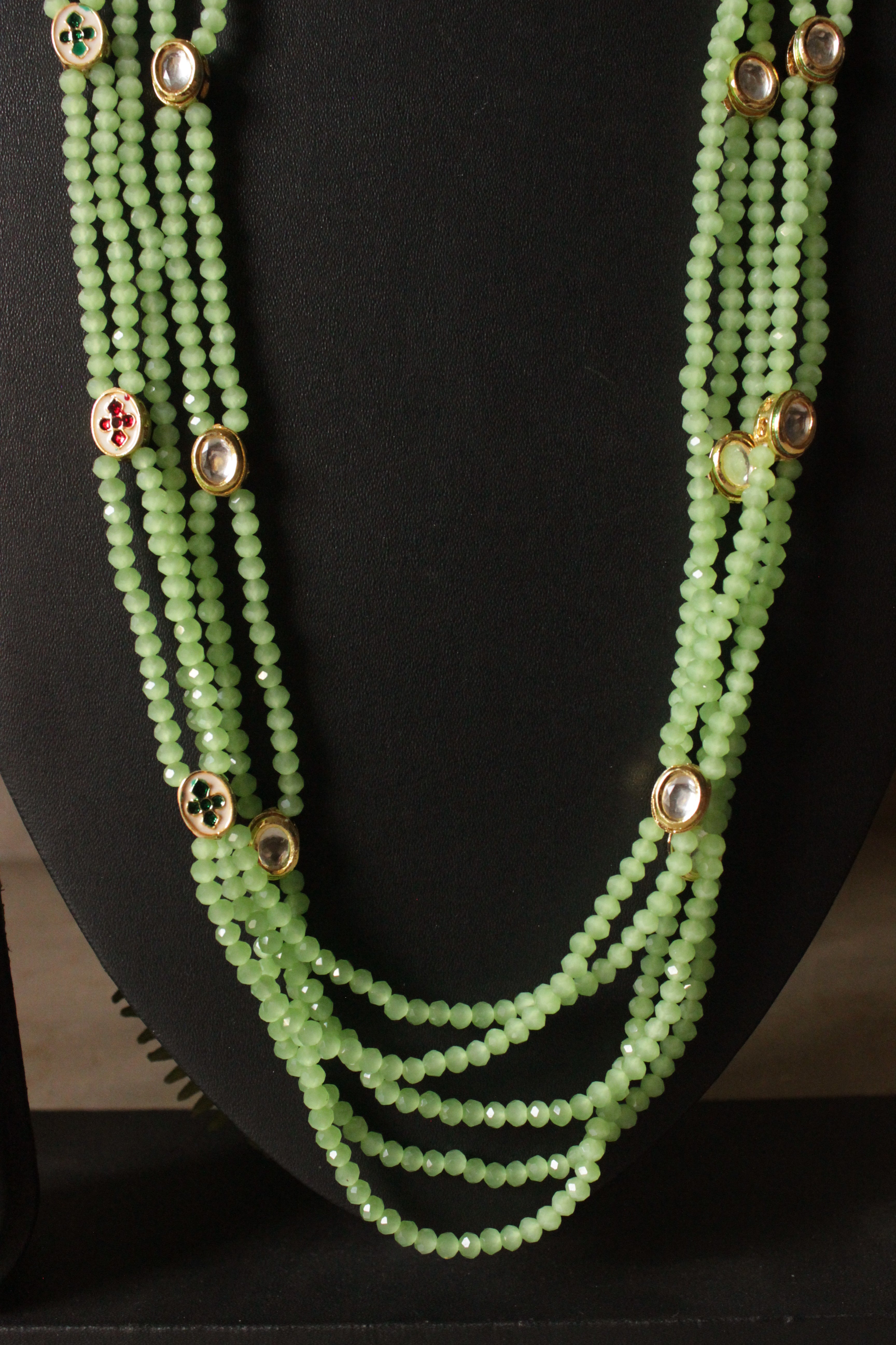 Multi-Layer Lime Green Glass Beads and Kundan Work Necklace Set