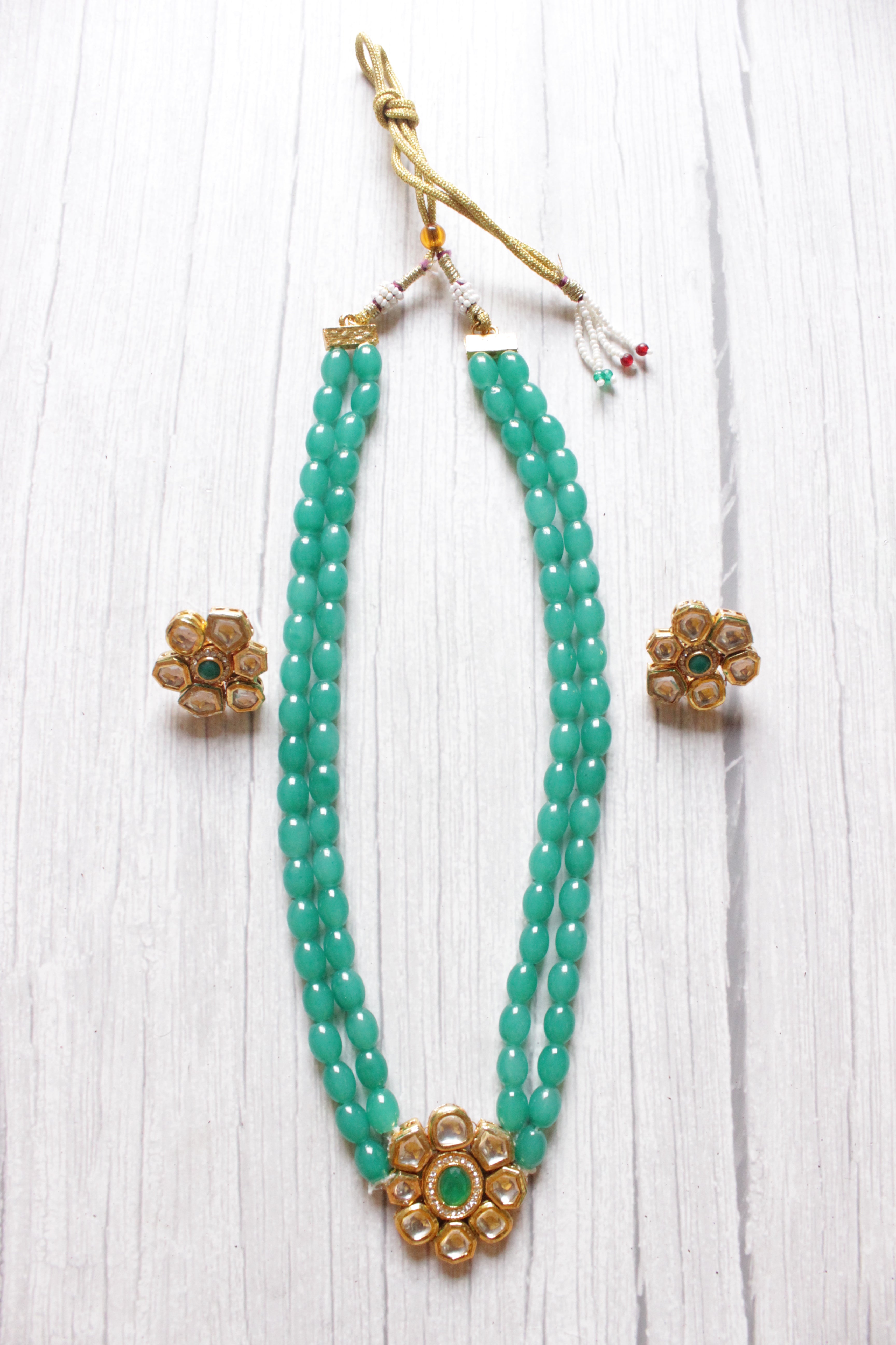 Turquoise Glass Beads and Kundan Stones 2 Layer Adjustable Length Necklace Set with Flower Stud Earrings