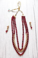 Load image into Gallery viewer, Maroon Glass Beads and Kundan Stones 3 Layer Adjustable Length Necklace Set
