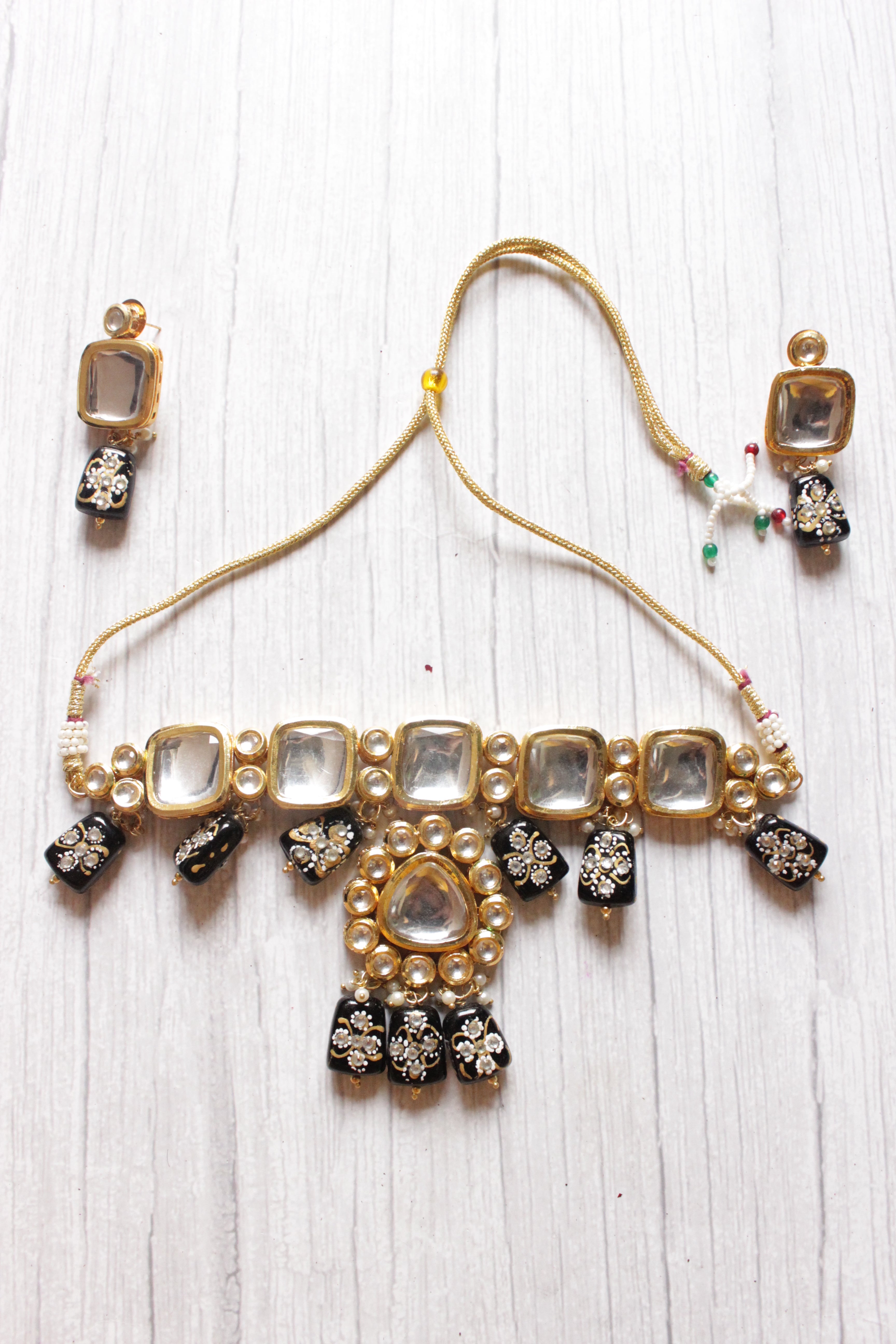 Double Sided Meenakari Work Black Glass Beads and Kundan Stones Choker Necklace Set