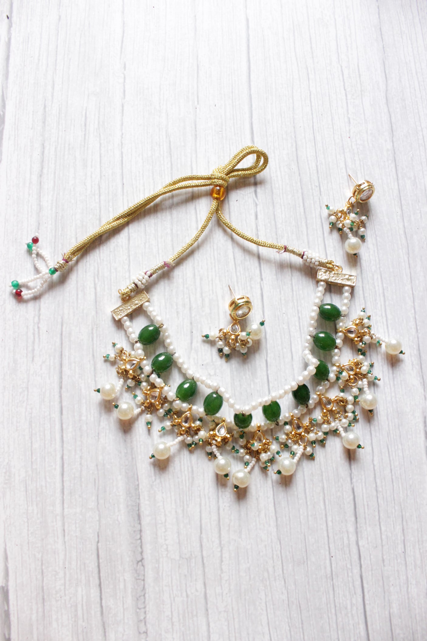 Green Glass Beads and White Beads Braided Adjustable Length Festive Choker Necklace Set