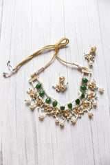 Green Glass Beads and White Beads Braided Adjustable Length Festive Choker Necklace Set
