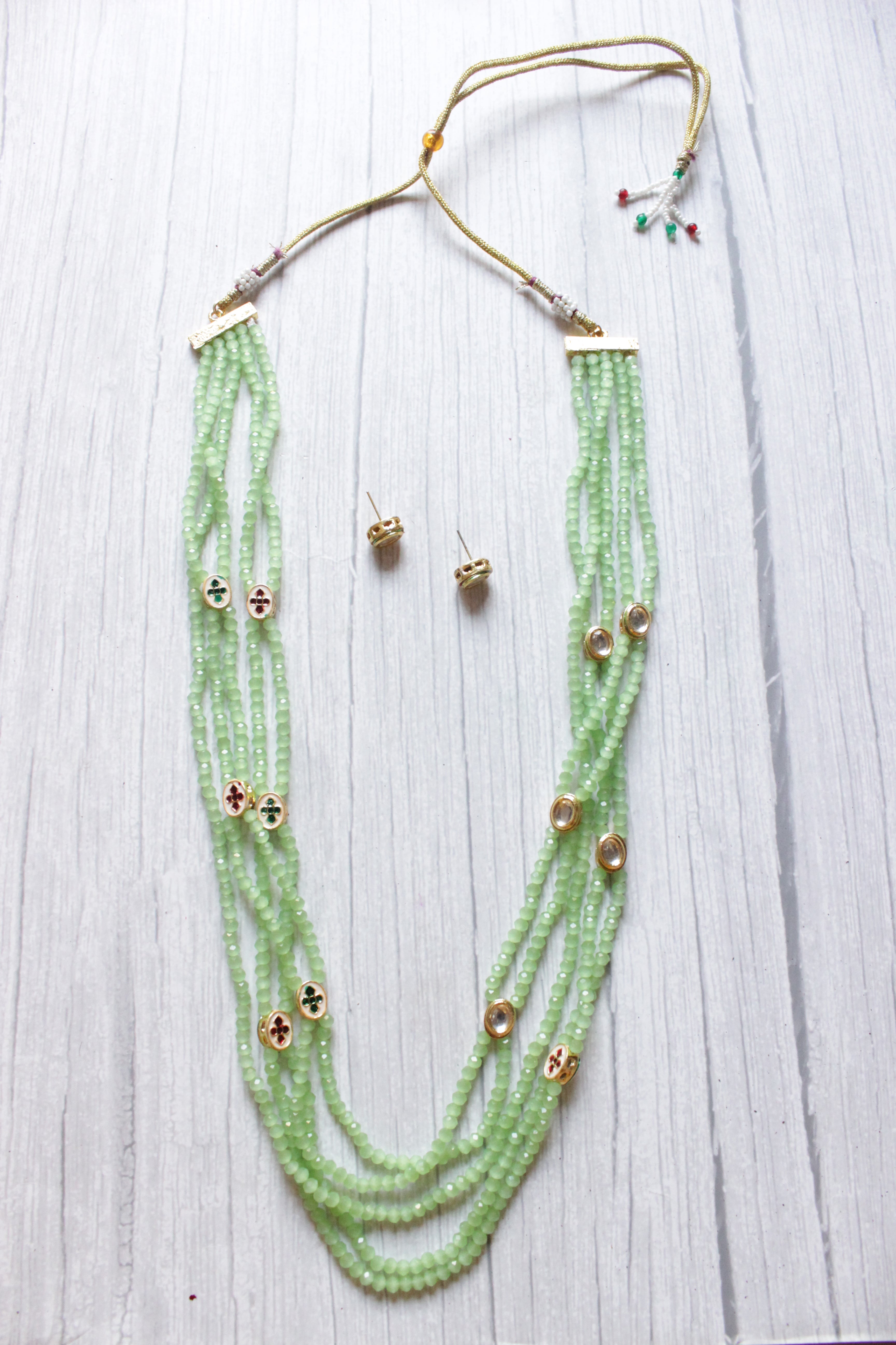 Multi-Layer Lime Green Glass Beads and Kundan Work Necklace Set