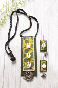 Block Printed Fabric and Shell Work Handmade Necklace Set with Adjustable Thread Closure Necklace Set