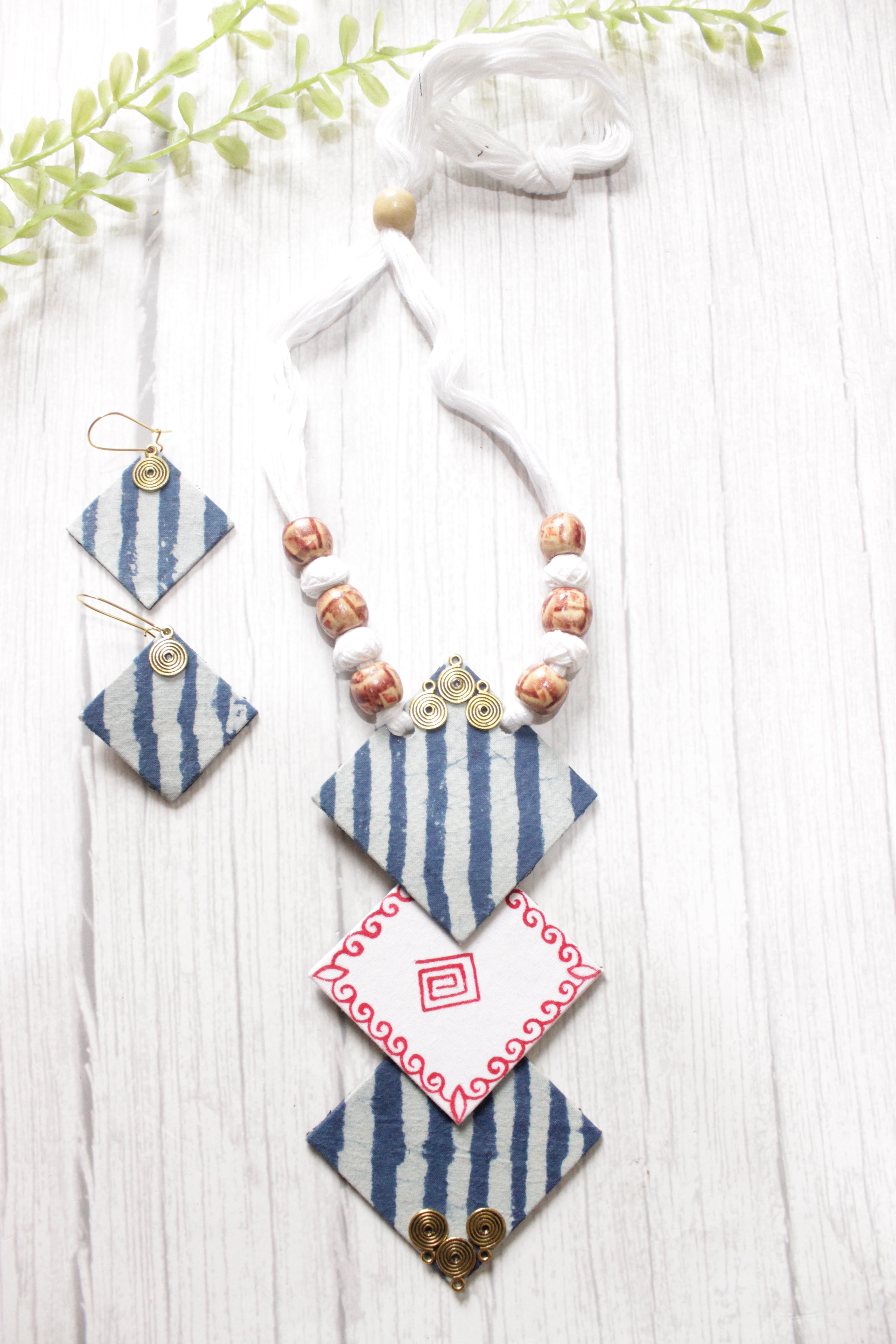 Indigo & White Block Printed Fabric Necklace Set with Adjustable Thread Closure Necklace Set