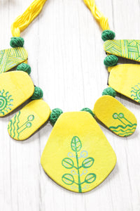 Vibrant Yellow and Green Hand Painted Fabric Choker Necklace Set with Adjustable Closure