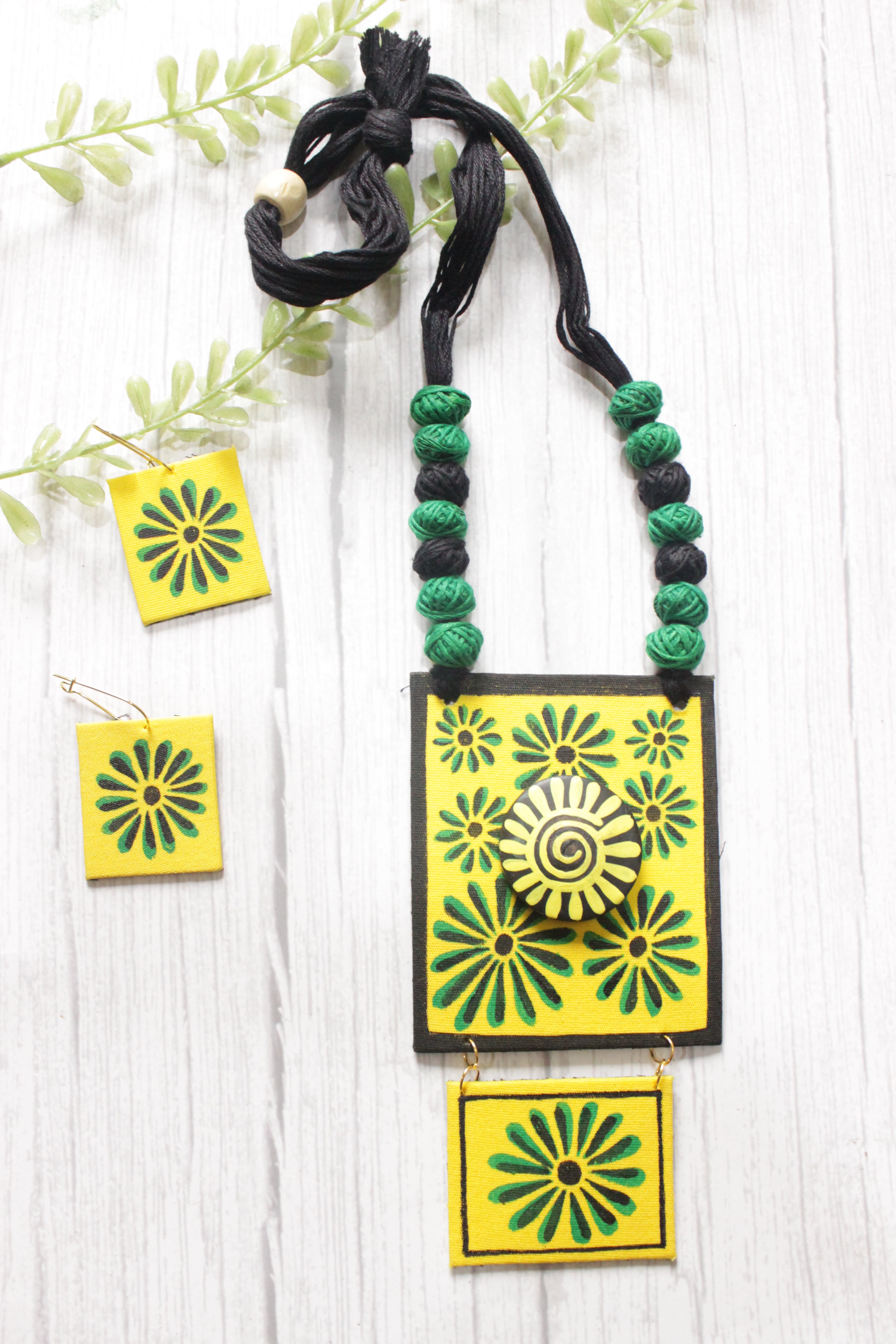 Flower Painted Vibrant Yellow and Green Fabric Choker Necklace Set with Adjustable Thread Closure