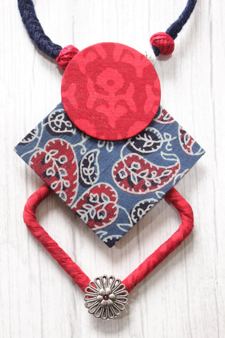 Indigo & Red Fabric Choker Necklace Set with Stud Earrings and Adjustable Thread Closure