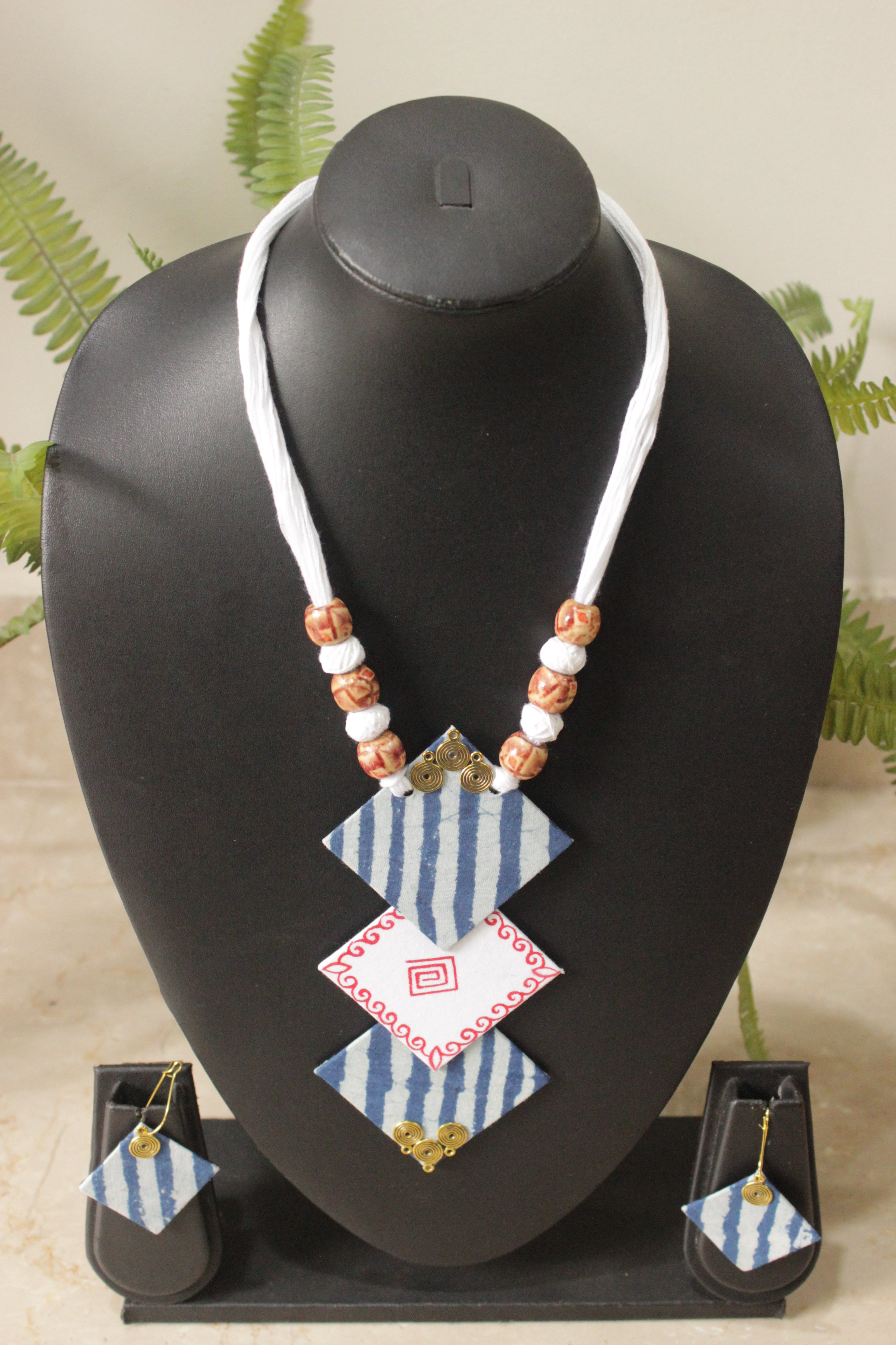 Indigo & White Block Printed Fabric Necklace Set with Adjustable Thread Closure Necklace Set