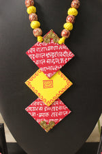 Load image into Gallery viewer, Mantra Printed 3 Layer Pendant Red &amp; Yellow Fabric Necklace Set with Adjustable Thread Closure Necklace Set
