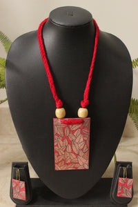 Red Leaves Block Printed Fabric Necklace Set with Adjustable Thread Closure Necklace Set