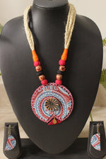 Load image into Gallery viewer, Indigo &amp; Maroon Ajrakh Fabric Necklace Set with Adjustable Thread Closure Necklace Set
