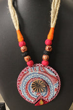 Load image into Gallery viewer, Indigo &amp; Maroon Ajrakh Fabric Necklace Set with Adjustable Thread Closure Necklace Set

