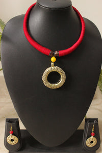Dhokra Pendant Braided Red Necklace Set