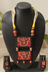 Black & Maroon Ajrakh Fabric Necklace Set with Adjustable Thread Closure Necklace Set