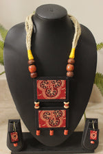 Load image into Gallery viewer, Black &amp; Maroon Ajrakh Fabric Necklace Set with Adjustable Thread Closure Necklace Set
