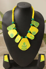 Vibrant Yellow and Green Hand Painted Fabric Choker Necklace Set with Adjustable Closure