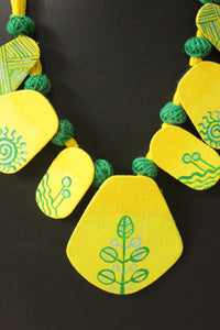 Vibrant Yellow and Green Hand Painted Fabric Choker Necklace Set with Adjustable Closure