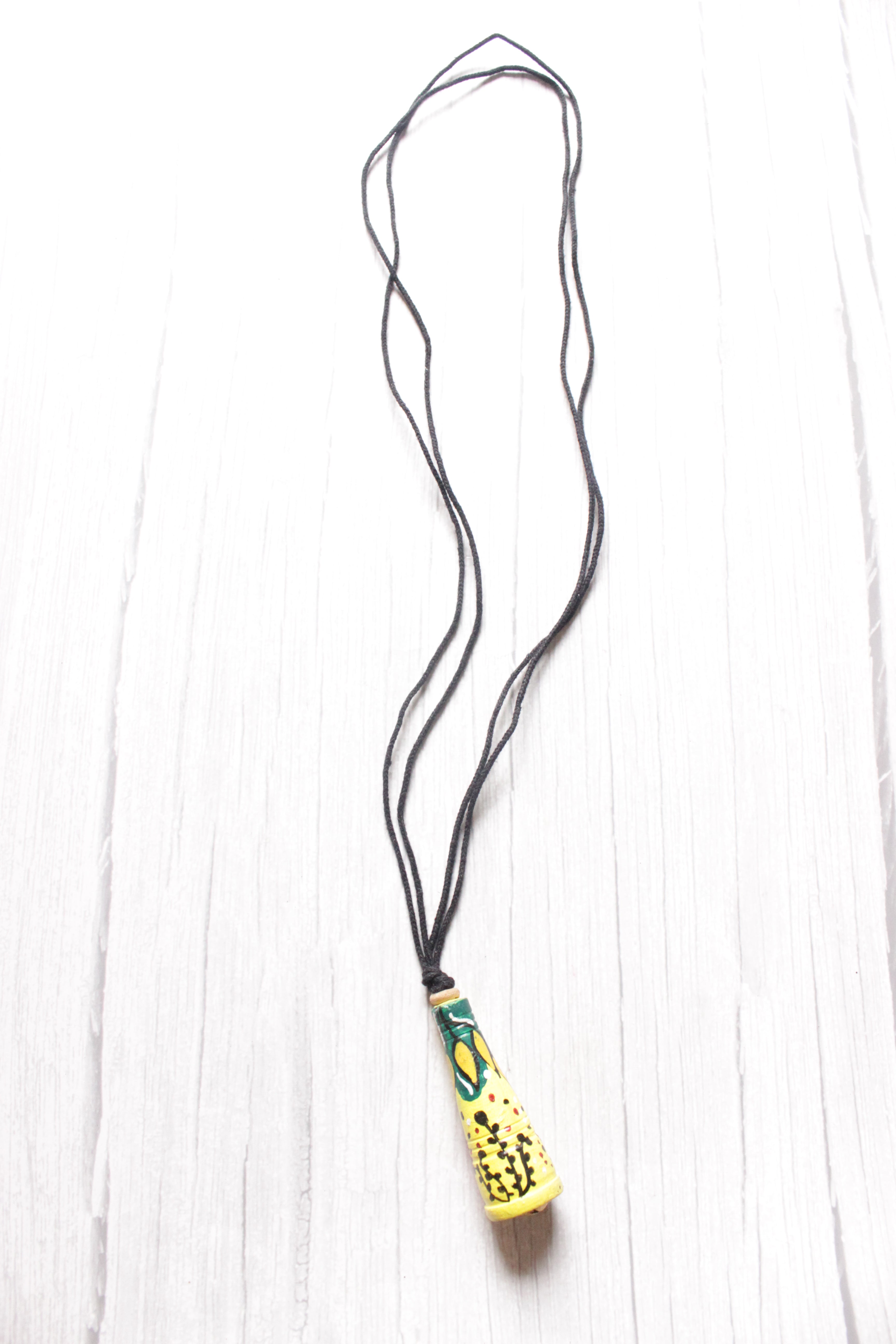 Hand Painted Conical Earthy Yellow Terracotta Clay Necklace with Thread Closure