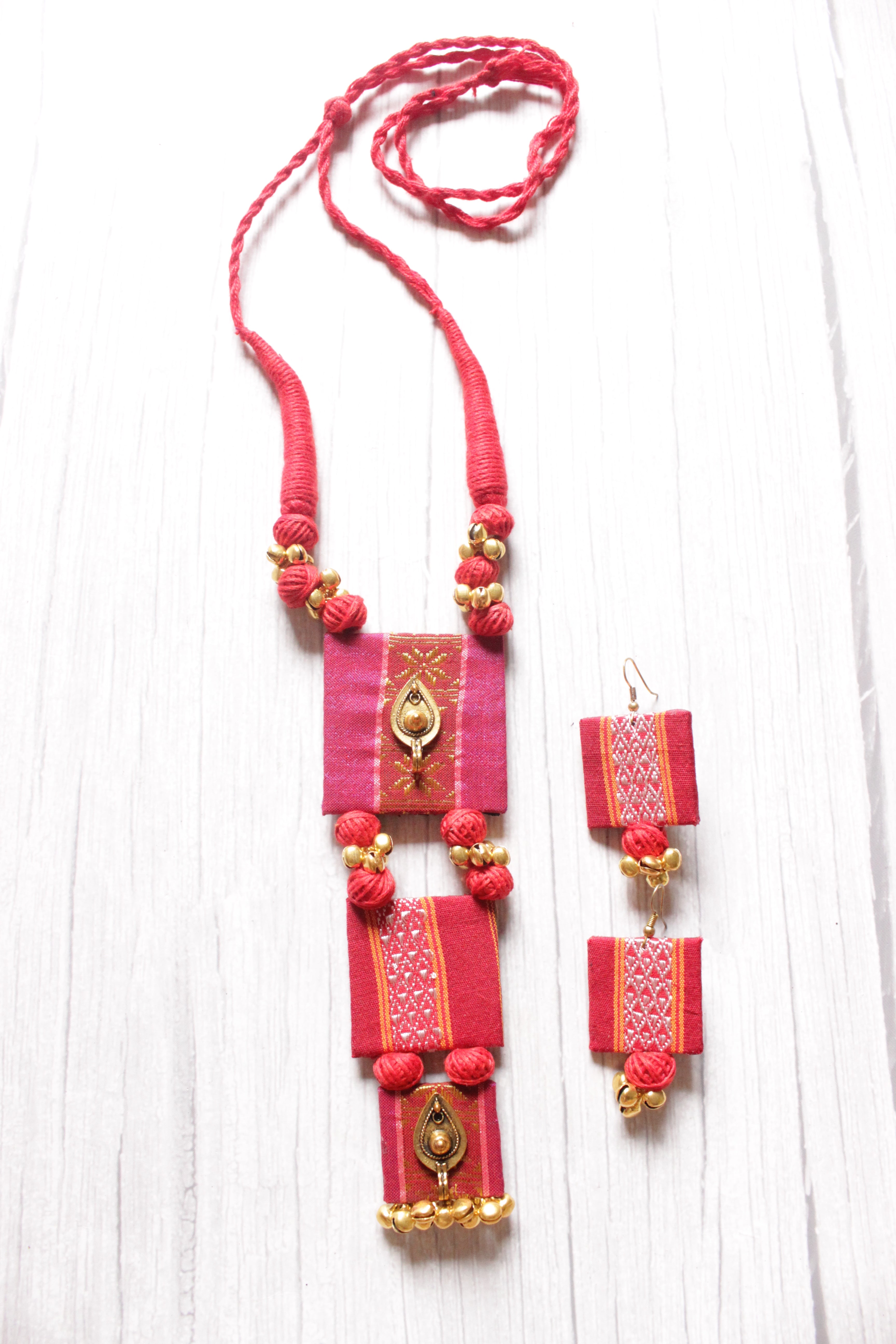 Fabric Handcrafted Ghungroo Embellished 3 Layer Pendant Choker Necklace Set with Adjustable Closure